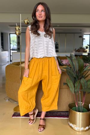 Made in Italy Pure Linen Classic 7/8 Pull On Pant Ochre